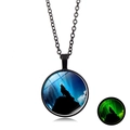 Luminous howling wolf glass pendant necklace with a green glow in the dark effect - Aurora Wolf Howl (XSWX6032-6) / Black