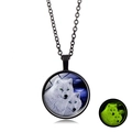 Glow in the dark howling wolves glass dome pendant necklace with black link chain - Two Wolves Moon Shadow (XSWX6032-8) / Black