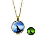 Luminous howling wolf glass pendant necklace with glowing effect in bronze finish - Blue Night Wolf Howl (XSWX6032-9) / Bronze