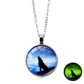Luminous howling wolf glass pendant necklace with glowing green effect on silver chain - Blue Night Wolf Howl (XSWX6032-9) / Silver