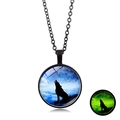 Luminous howling wolf glass cabochon necklace with black frame glowing in dark - Blue Night Wolf Howl (XSWX6032-9) / Black