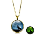 Luminous howling wolf glass dome necklace with bronze finish and green glow in the dark - Full Moon Howl (XSWX6032-10) / Bronze