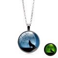 Luminous howling wolf glass necklace with green glow in the dark effect pendant - Full Moon Howl (XSWX6032-10) / Silver
