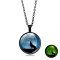 Luminous howling wolf glass pendant necklace with glowing green effect in dark - Full Moon Howl (XSWX6032-10) / Black