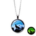 Luminous howling wolf glass pendant necklace with silver chain showing green glow in the dark - Aurora Galaxy Wolf (XSWX6032-11) / Silver