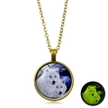 Vintage bronze howling white wolf necklace with green glow in the dark pendant - Two Wolves Moon Night (XSWX6032-8) / Bronze