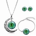 Silver jewelry set with green cat eye stones featuring crescent moon necklace and earrings - Green Cat Eye Style(ABXL1006-1)