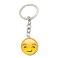 Detailed close-up of a silver keychain with a smirking emoji glass pendant charm - Abxl1266-13