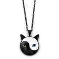 Detailed view of Yin Yang cat necklace pendant with cat ears and heterochromia glass dome - Black