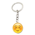 Detail of silver metal keychain with a yellow blushing emoji glass dome pendant - Smiling with Eyes Closed Emoji (ABXL1266-15)