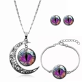 Silver jewelry set with purple dragon eye glass moon pendant necklace and bracelet - Purple Eye Style(ABXL1006-3)