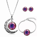 Silver jewelry set with purple dragon eye moon necklace, bracelet and earrings - Deep Purple Eye Style(ABXL1006-4)