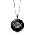 Triple Moon Goddess necklace with silver chain and rotating glass cabochon pendant - Deep Black Triple Moon Phase Style (ABXL913-8)