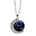 Detailed view of silver glowing Pisces zodiac necklace with rotating moon pendant - Pisces