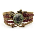 Multilayer vintage Wicca leather bracelet with black cat glass cabochon and butterfly charm - Brown