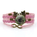 Pink multilayer woven Wicca bracelet with black cat glass cabochon and infinity charm - Pink