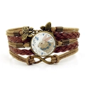 Vintage Easter bunny glass gem multi-layer leather bracelet with butterfly charms - Brown
