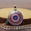 Mandala glass cabochon pendant necklace with colorful patterns on a wooden background - Colorful Mandala Style / Silver