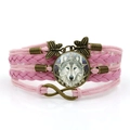 Pink multi-layer braided Celtic wolf infinity bracelet with butterfly charms and glass dome - Pink