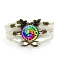 White braided multilayer bracelet with peace sign, butterfly and infinity charms - Peace Sign Style (XZXL0807) / White