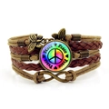 Handmade woven multilayer bracelet featuring rainbow peace sign, butterfly and infinity charm - Peace Sign Style (XZXL0807) / Brown