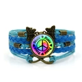 Multilayer blue woven bracelet with peace sign glass cabochon and butterfly charm - Peace Sign Style (XZXL0807) / Blue