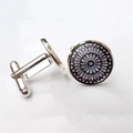 Detail of silver cufflinks featuring a colorful Gothic rose window pattern on a white base - Geometric Art (XSWX1256-3)