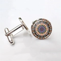Macro detail of silver cufflinks with colorful mandala rose window patterns on white background - Kaleidoscope Design (XSWX1256-5)