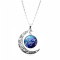 Silver crescent moon necklace with Pisces zodiac sign glass pendant on white background - Pisces