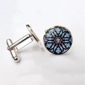 Macro view of silver cufflinks featuring colorful stained glass rose window patterns - Blue and Red Mandala (XSWX1256-6)