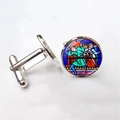 Macro detail of silver bullet back cufflinks featuring colorful stained glass rose patterns - Classic Figure Illustration (XSWX1256-12)