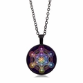 Black Metatron's Cube sacred geometry necklace with a colorful nebula glass cabochon - XZXL0654 / Black