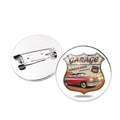 Detailed front and back views of a vintage Route 66 garage themed round metal brooch pin - Garage Service and Repair Style (XZXL1420-6)