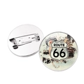 Detail view of Route 66 badge showing retro graphic front and metal safety pin back - Vintage Pin-up Girl and Locomotive Style (XZXL1420-9)