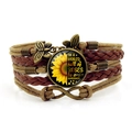 Bracelet bohème multicouche en cuir avec pendentif vintage en verre tournesol et papillon - In A World Be A Sunflower (XSWX6543) / Marron