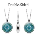 Vue en trois plans du pendentif mandala bleu double face avec chaîne en argent - Style de Motif Cyan 11(XZXL1484-11)