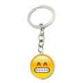 Silver metal keychain with a yellow grinning emoji glass pendant on a white background - Grimacing Smile Emoji (ABXL1266-4)