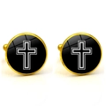 Gemelos redondos dorados con diseño de cruz blanca sobre fondo negro - Dorado