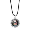 Detail of Matryoshka doll glass pendant necklace with antique silver hollow frame - Blue Base Pink Floral Russian Doll Style 11 (PSXL0018-11)