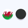 Detail view showing front and back of 25mm round Wales flag glass magnet with black magnetic base - Wales Flag (PSXL00235-13)