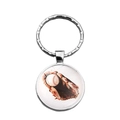 Close-up of baseball glove pattern keychain with polished metal ring and glass dome pendant - Baseball and Glove Illustration (XSWX5191-3)