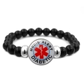 Macro detail of black beaded medical alert bracelet with red diabetic identification tag - Diabetic Identifier Style (PSXL001017-4)