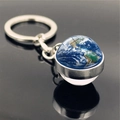 Macro view of Earth glass ball keychain with silver metal base and detailed blue ocean - Earth