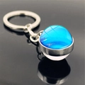 Macro shot of silver metal keychain featuring a double-sided blue galaxy glass ball pendant - Neptune