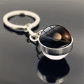 Detailed shot of Saturn glass ball keychain with silver metal ring on dark surface - Saturn