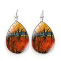 Detail view of silver lever-back drop earrings with Van Gogh style sunset oil painting art - The Sower (PSXL001277-6)