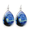 Detail view of water-drop earrings featuring Van Gogh's Starry Night on silver alloy base - Starry Night Detail (PSXL001277-9)