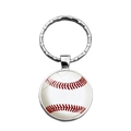 Silver metal keychain with white baseball pattern glass pendant and ring loop - Baseball Pattern (XSWX5191-1)