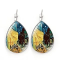 Van Gogh Starry Night silver teardrop earrings with glass art print for women - Cafe Terrace at Night (PSXL001277-11)