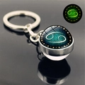 Macro shot of luminous Cancer constellation keychain with glowing glass ball and metal ring - Cancer